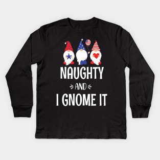 Naughty And I Gnome It - Funny Pajama Christmas Gnomes - Christmas Three Buffalo Plaid Gnomes Kids Long Sleeve T-Shirt